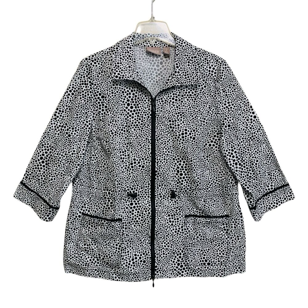 Chico’s Jacket Full-Zip Womens Sz 2 Lg White Black Polka Dot 3/4 Sleeve Pockets